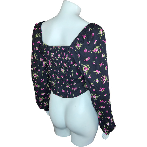 Vero Moda Womens Medium VMANNA Long Sleeve Crop Top‎ Black Pink Floral Smock NWT - Picture 8 of 16